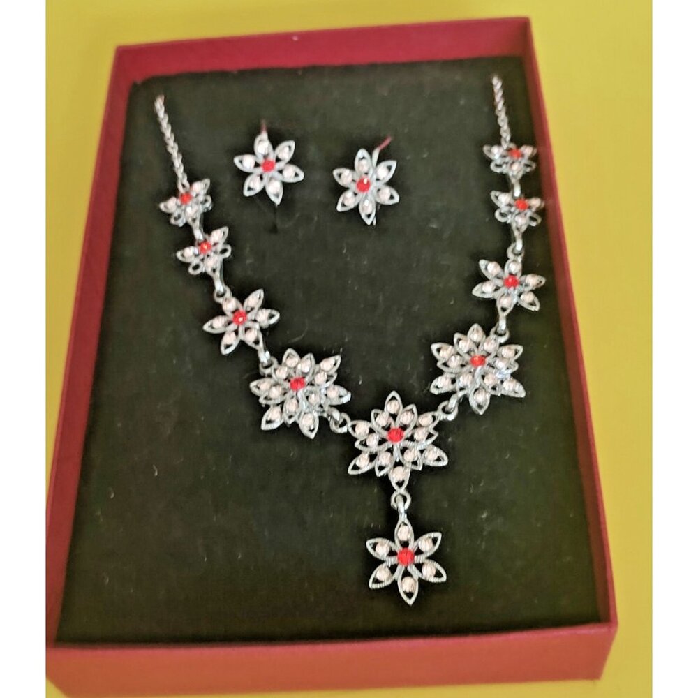 Red and Clear Rhinestone 10 Flower petal 15" necklace and earrings set